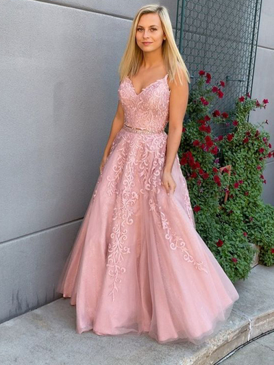 Fashion Blush V Neck Appliques Beaded Prom Dress, Party Dress