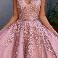 Fashion Blush V Neck Appliques Beaded Prom Dress, Party Dress - Thumbnail 1