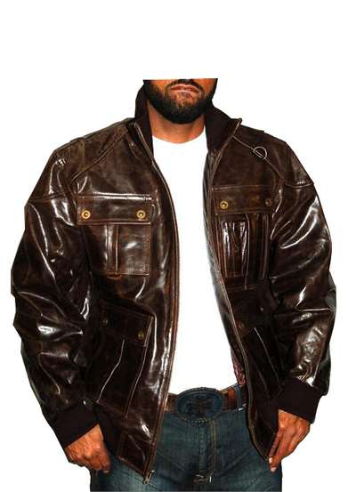 Men Brown Four Pockets Military Jacket With Real Leather Front Zipper Handmade