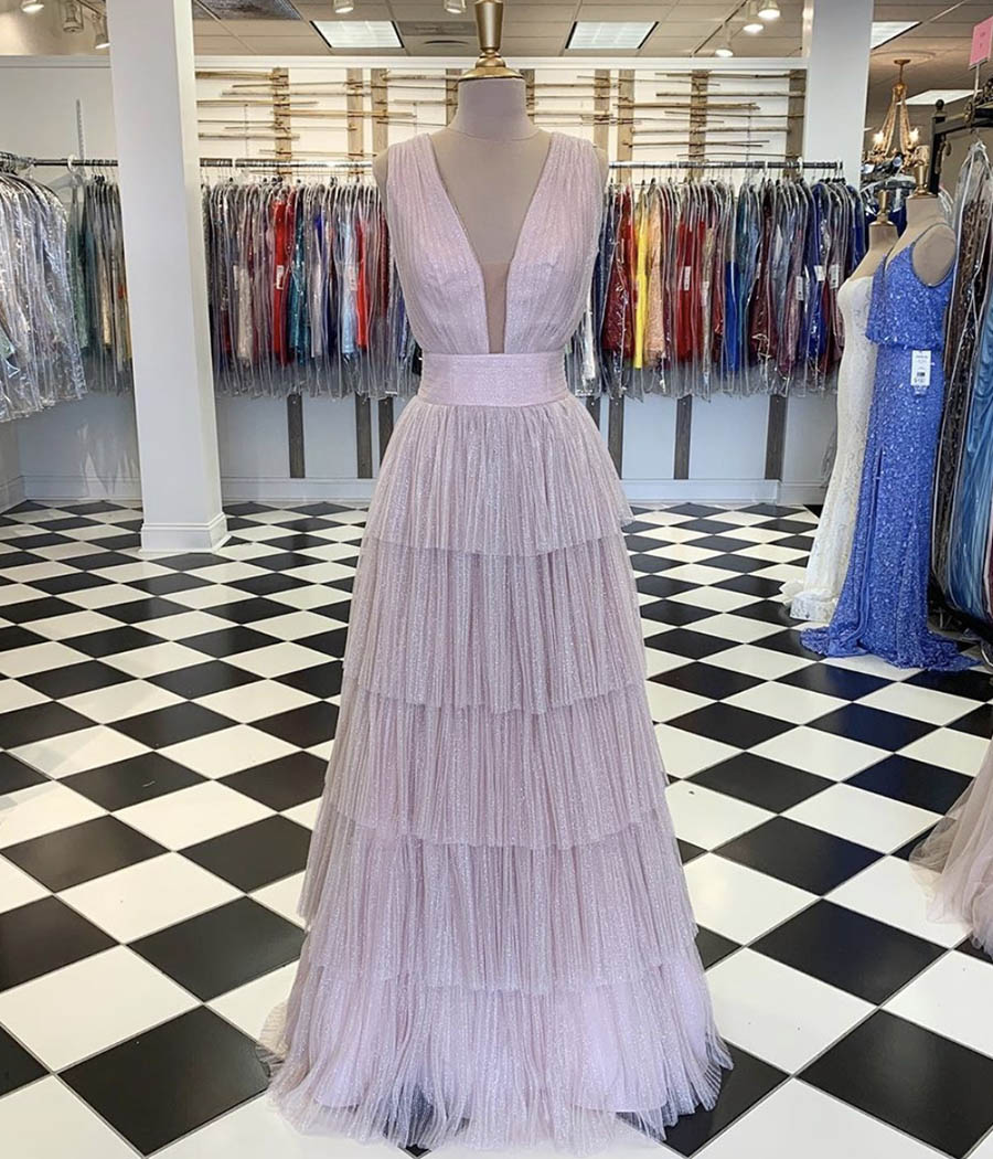 A line v neck tulle long prom dress evening dress