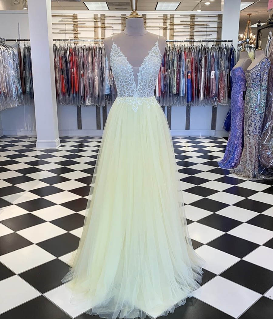 Yellow tulle sequins long prom dress evening dress