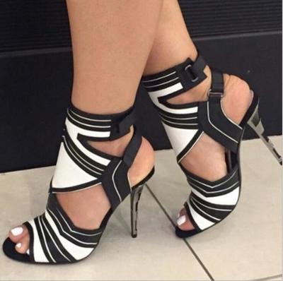 Summer New High-heeled Fish Mouth Sandals Black And White Stripes Women's Shoes F8752