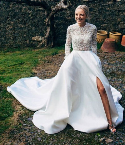 White Long Wedding Dress with Long Sleeves Appiques Flowers