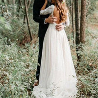 V Neck Half Sleeves Long Backless Wedding Dresses with Appliques Lace - Thumbnail 1