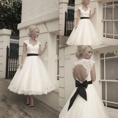Tea Length Vintage Wedding Dresses with Black sash