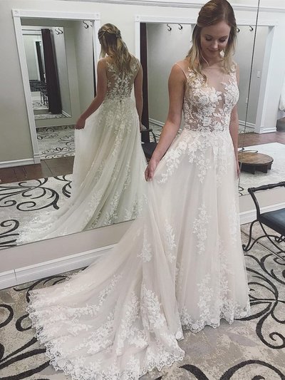 Lace See Through Cheap Wedding Dresses, Bateau A-line Bridal Dresses