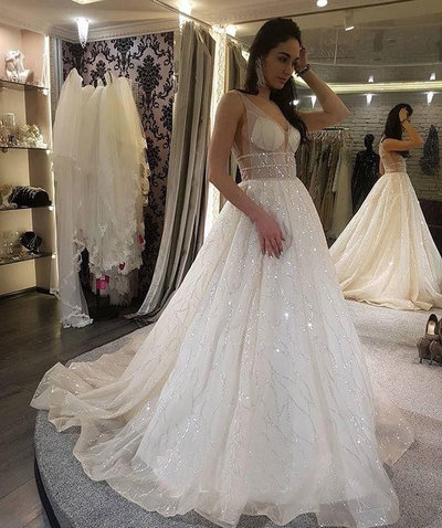 Sparkly V Neck Long Wedding Dresses Bridal Gowns