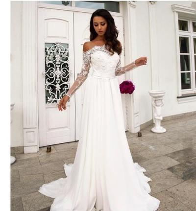 Charming A Line Long Sleeves Lace Wedding Dresses Off The Shoulder Beaded Bridal Gowns