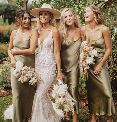 Spaghetti Straps Ankle Length Silk Bridesmaid Dresses