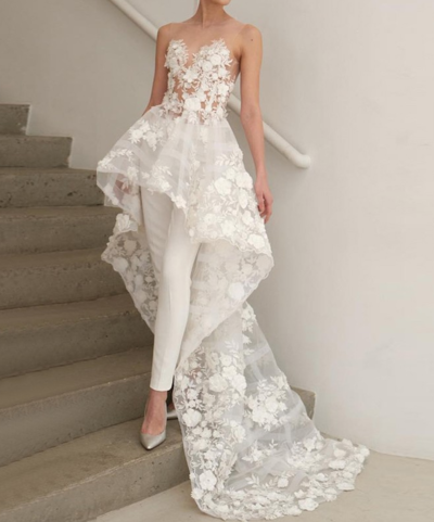 2020 Fall Two Piece Illusion Round Neck High-Low Wedding Jumpsuit with Appliques,491