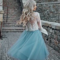 Two Pieces Beach Mini Short Wedding Dresses Blue Tulle Lace Bodice Homecoming Dress - Thumbnail 2