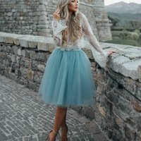 Two Pieces Beach Mini Short Wedding Dresses Blue Tulle Lace Bodice Homecoming Dress - Thumbnail 1