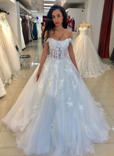 Charming A Line Off the Shoulder White Wedding Dresses with Appliques