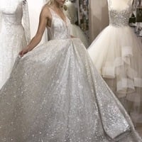 Sparkly V Neck Sequined Ivory Wedding Dresses Bridal Gowns - Thumbnail 1