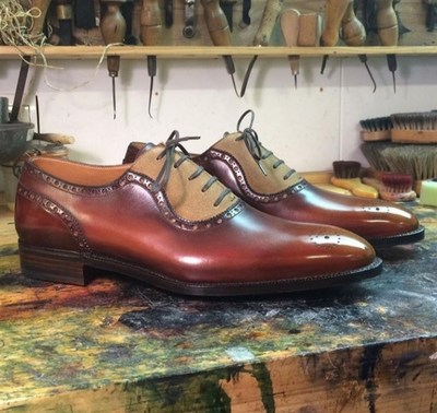 Men's Handmade Beige & Brown Brogue Leather & Suede Formal Dress Fashion Shoes