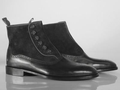 Men's Black Leather Suede Button Top Boot
