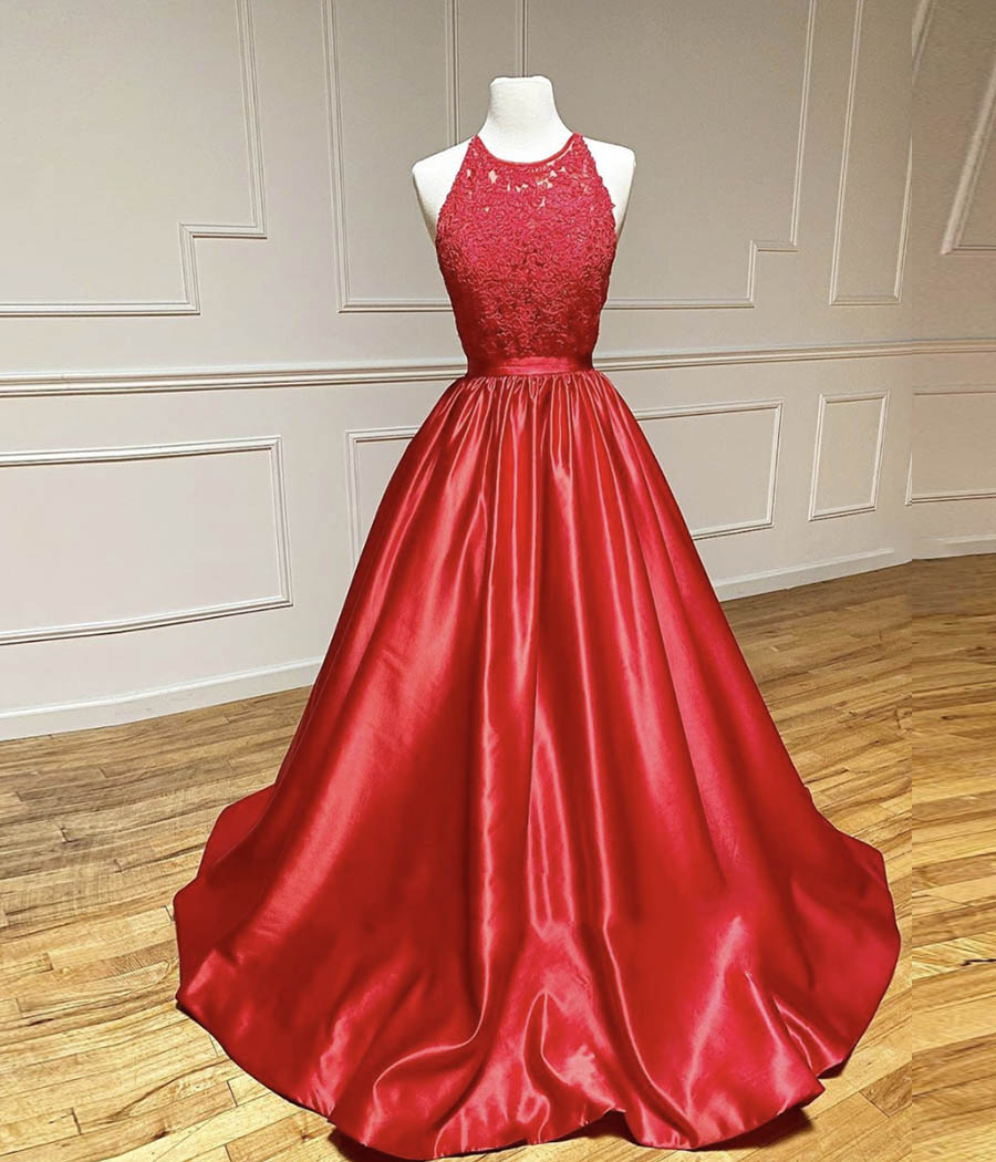 Red satin lace long prom dress formal dress