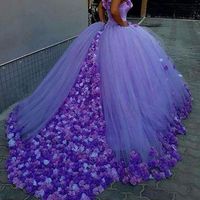 Purple Ball Gown Off the Shoulder Handmade Flower Prom Dress,Purple Quinceanera Dress - Thumbnail 1
