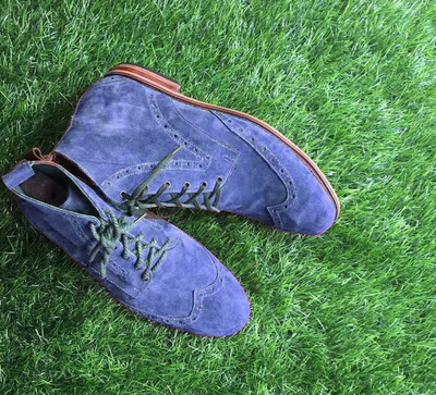 Men Blue Suede Oxfords Wingtip Beautiful Finishing Handmade Lace Up Ankle Boot