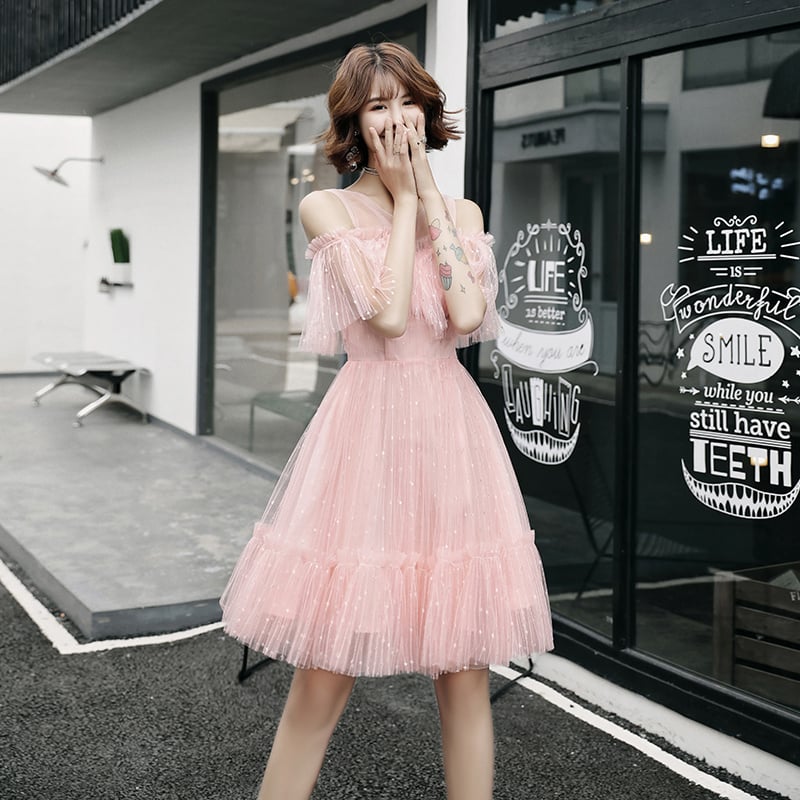 Pink A line tulle short dress, party dress
