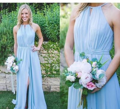 Charming Light Sky Blue Boho Bridesmaid Dresses Pleated Chiffon Split Front Wedding Guest Dresses Long Bohemian Beach Bridesmaid Dresses