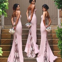 Bridesmaid Dress Mermaid Pink Spaghetti Straps Lace Satin Long Bridesmaid Dresses - Thumbnail 1