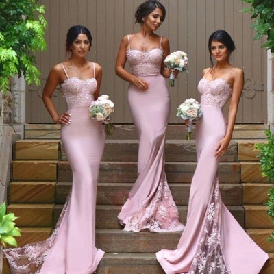 Bridesmaid dress mermaid pink spaghetti straps lace satin long bridesmaid dresses - Thumbnail 5