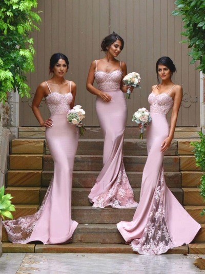Bridesmaid Dress Mermaid Pink Spaghetti Straps Lace Satin Long Bridesmaid Dresses
