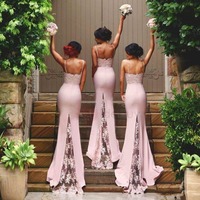 Bridesmaid Dress Mermaid Pink Spaghetti Straps Lace Satin Long Bridesmaid Dresses - Thumbnail 2