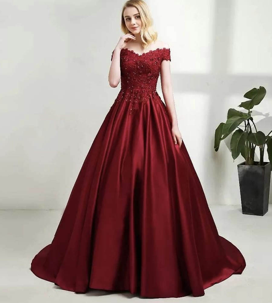 Burgundy lace long prom dress evening dress