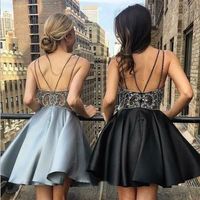 Cute V Neck Spaghetti Straps Grey Satin Beading Short Homecoming Dress - Thumbnail 1