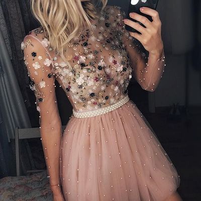 Cute sparkly pearls beaded blush pink homecoming dress, party dress, short prom dress - Thumbnail 4
