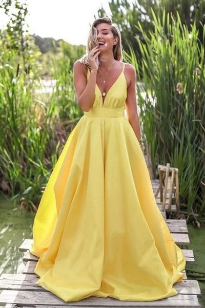 Cute Yellow Satin Ball Gown Prom Dress, V Neck Prom Gowns with Pockets