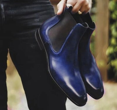 Chelsea Men's Blue Leather Boots, Chelsea Ankle Boots