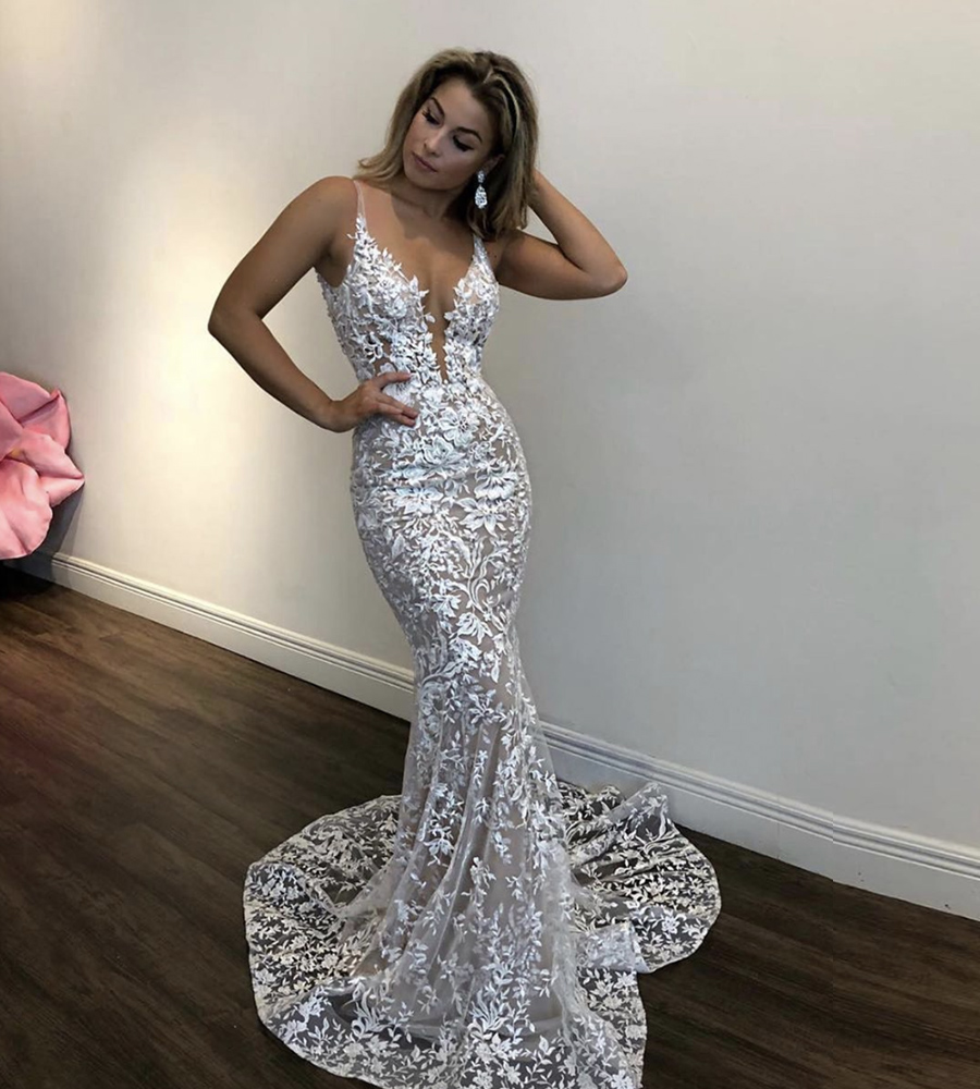 Mermaid lace long prom dress evening dress
