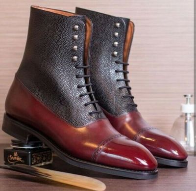 New Handmade Burgundy Calf & Genuine Dark Brown Cow Leather Ankle Boot for Men's