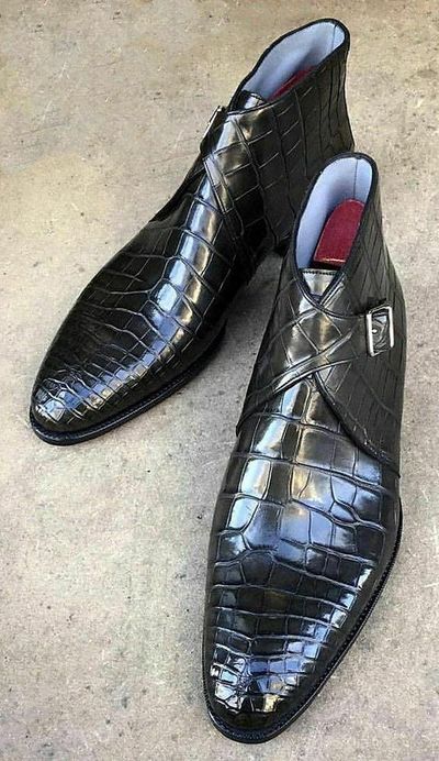 Handmade men black monk strap boots, men textured crocodile boot, leather boots