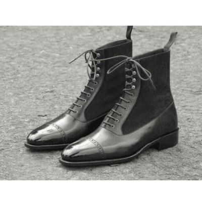 Handmade Men's Black Brogue Lace Up High Ankle Dress Boots, Real Leather & Suede