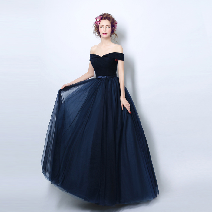 Blue tulle long prom dress evening dress