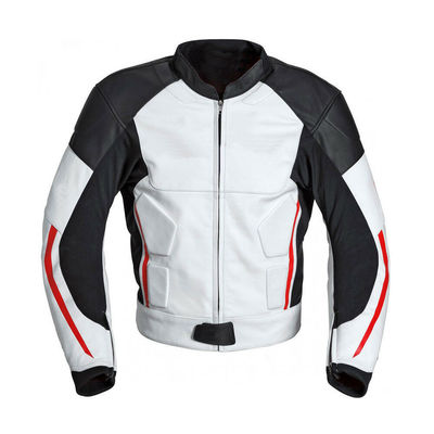 Men Black White Motor Biker Red Lines Genuine Cowhide Leather Safety Pads Jacket