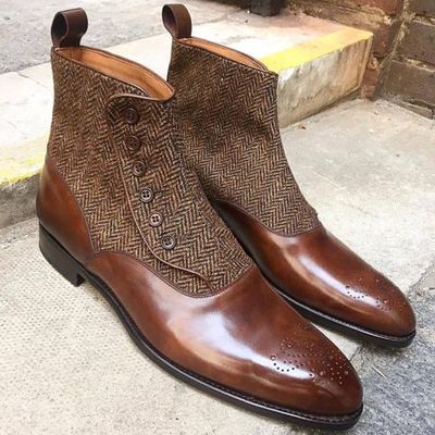 Handmade Men Brown Leather And Tweed Button Boots, Men Ankle Leather Button Boots