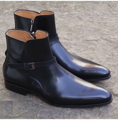New Men Handmade Black Leather Ankle Strap Boots for Men's