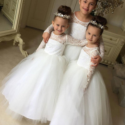 Sweet long sleeves tulle white flower girl dress - Thumbnail 5