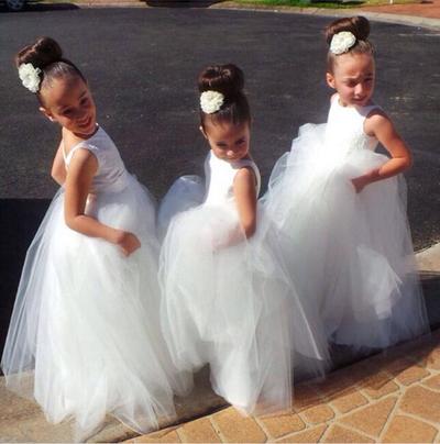 Cute V Back White Tulle Flower Girl Dresses