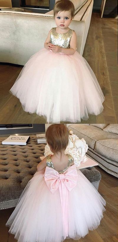 Shiny Sequins Pink Tulle Flower Girl Dresses with Bow for Wedding Party