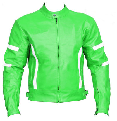 Hand Made Men Green Motor Cycle White Stripes Genuine Leather Safety Pads Jacket