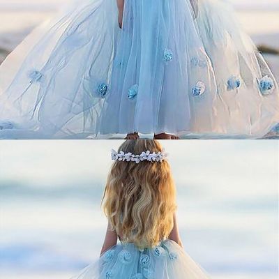 Pale blue tulle handmade flowers sweet tutu flower girl dresses - Thumbnail 3