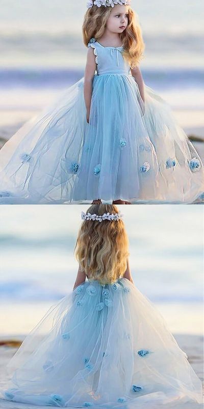 Pale Blue Tulle Handmade Flowers Sweet TUTU Flower Girl Dresses