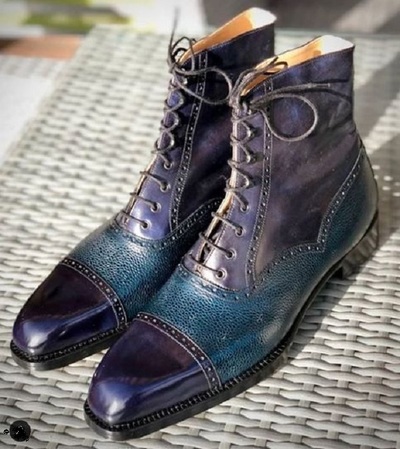 New Handmade Two Tone Pebbled Leather ankle High Caps Toe Dress Lace up Boots for Men's