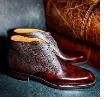 New Men Handmade Chukka Burgundy Pebbled Leather High Ankle Lace Up Boots for Men's
